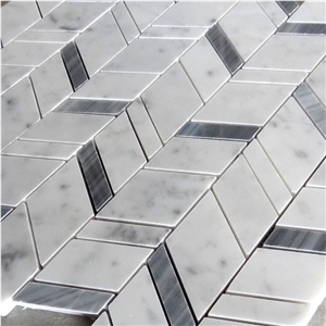 Carrara White and Grey Marble Chevron Mosaic Tile, Bianco Carrara White Mosaic, Italy Grey Brick Mosaic,Bardiglio Grey