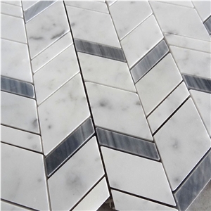 Carrara White and Grey Marble Chevron Mosaic Tile, Bianco Carrara White Mosaic, Italy Grey Brick Mosaic,Bardiglio Grey