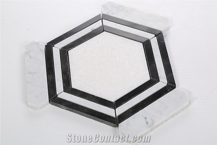 Carrara White Marble Hexagon Mosaic Tile Polished , Nero Marquina Marble Mosaic Tile , Black and White Marble Mosaic