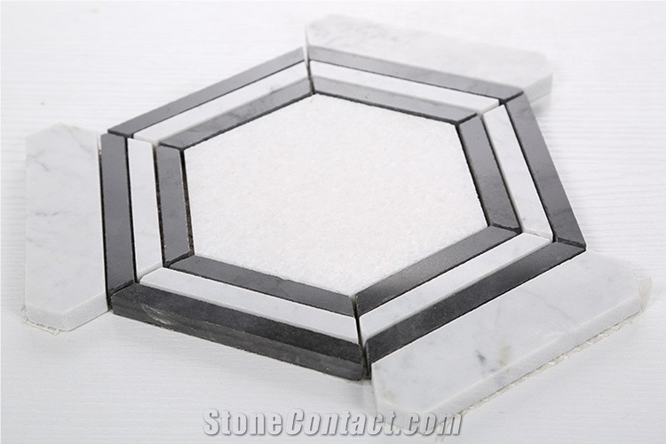 Carrara White Marble Hexagon Mosaic Tile Polished , Nero Marquina Marble Mosaic Tile , Black and White Marble Mosaic