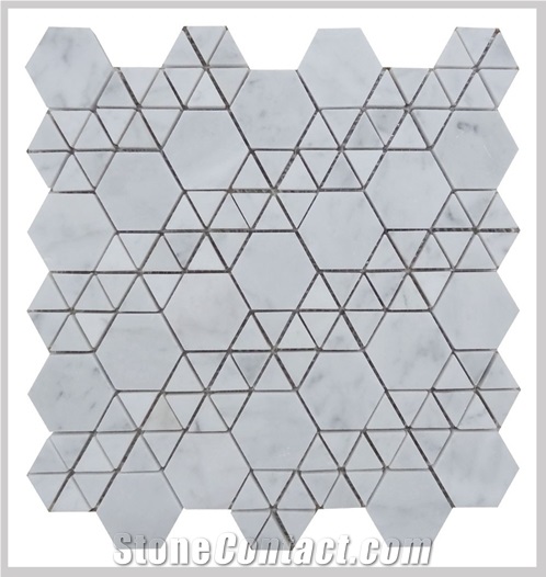 Carrara White Marble Polished Hexagon Mixed Triangle Mosaic Tile,Bianco Carrara Mosaic, Italian White Marble Mosaic, Italian White, Carrara White