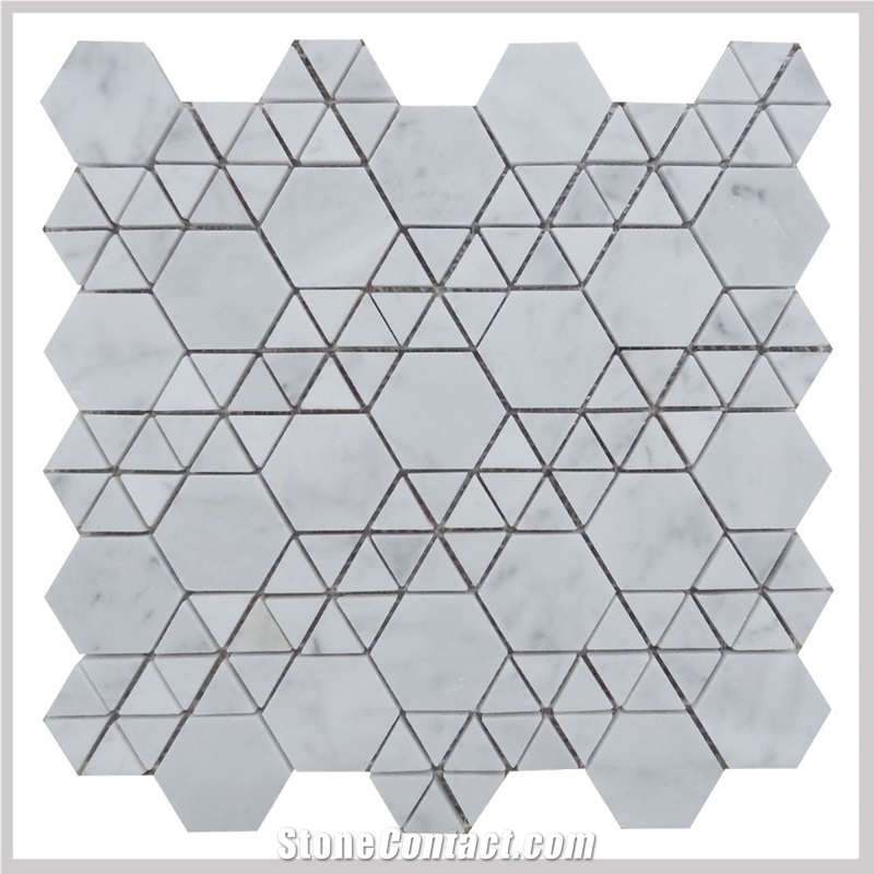 Carrara White Marble Polished Hexagon Mixed Triangle Mosaic Tile,Bianco Carrara Mosaic, Italian White Marble Mosaic, Italian White, Carrara White