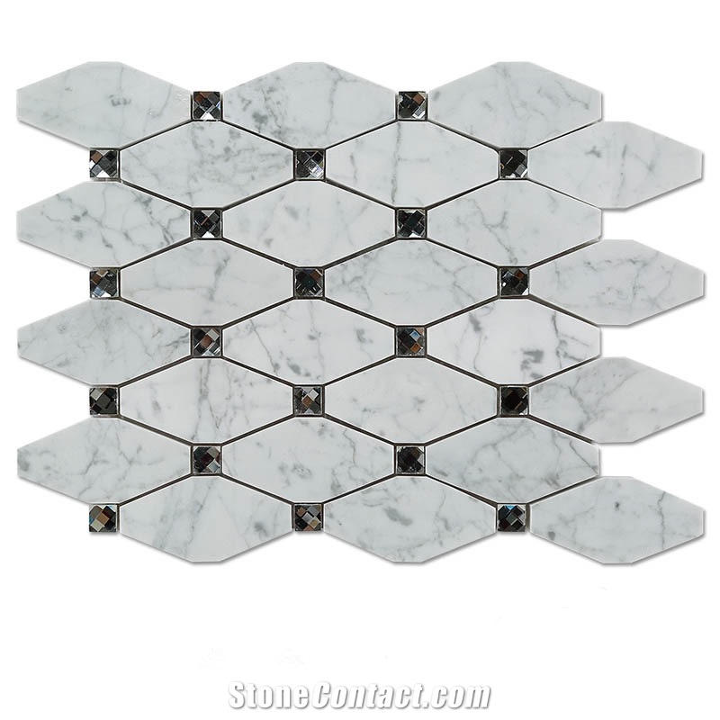 Carrara White Marble Stone Long Ocatgon Mosaic Tiles Mix Crystal Glass Dots , Bianco Carrara Mosaic, Italian White Marble Mosaic, Italian White, Carrara White New Design Marble Mosaic, Glass Mosaic