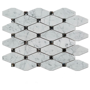 Carrara White Marble Stone Long Ocatgon Mosaic Tiles Mix Crystal Glass Dots , Bianco Carrara Mosaic, Italian White Marble Mosaic, Italian White, Carrara White New Design Marble Mosaic, Glass Mosaic