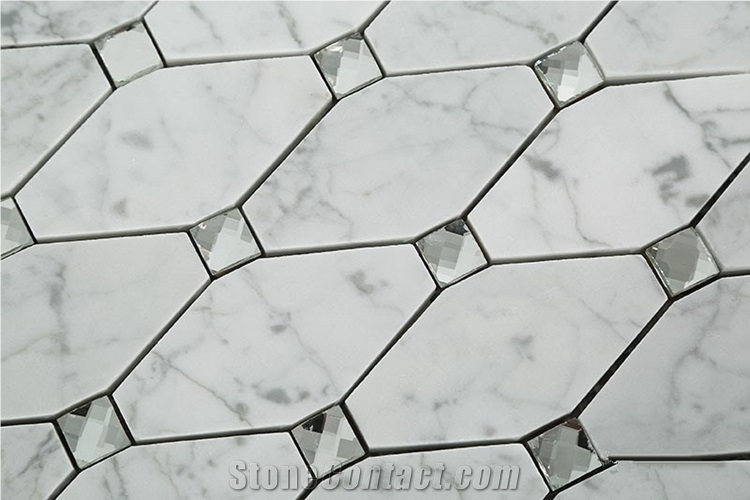 Carrara White Marble Stone Long Ocatgon Mosaic Tiles Mix Crystal Glass Dots , Bianco Carrara Mosaic, Italian White Marble Mosaic, Italian White, Carrara White New Design Marble Mosaic, Glass Mosaic