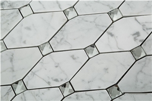 Carrara White Marble Stone Long Ocatgon Mosaic Tiles Mix Crystal Glass Dots , Bianco Carrara Mosaic, Italian White Marble Mosaic, Italian White, Carrara White New Design Marble Mosaic, Glass Mosaic
