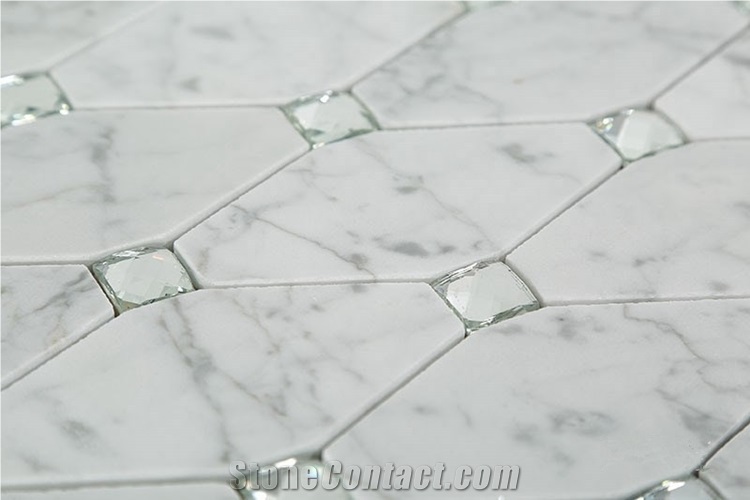 Carrara White Marble Stone Long Ocatgon Mosaic Tiles Mix Crystal Glass Dots , Bianco Carrara Mosaic, Italian White Marble Mosaic, Italian White, Carrara White New Design Marble Mosaic, Glass Mosaic