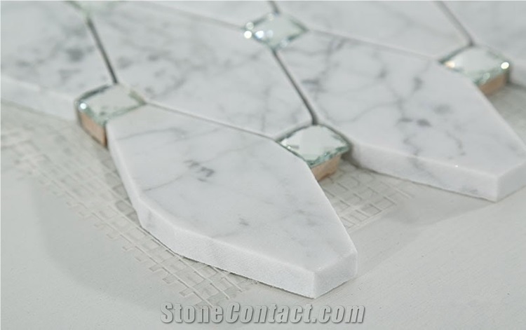 Carrara White Marble Stone Long Ocatgon Mosaic Tiles Mix Crystal Glass Dots , Bianco Carrara Mosaic, Italian White Marble Mosaic, Italian White, Carrara White New Design Marble Mosaic, Glass Mosaic