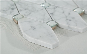 Carrara White Marble Stone Long Ocatgon Mosaic Tiles Mix Crystal Glass Dots , Bianco Carrara Mosaic, Italian White Marble Mosaic, Italian White, Carrara White New Design Marble Mosaic, Glass Mosaic