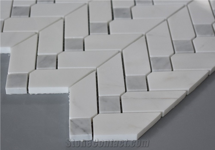 Carrara White Mixed Color Chevron Stone Mosaic Tiles for Floor and Wall , Bianco Carrara White Mosaic, Italy Grey Brick Mosaic,Bardiglio Grey