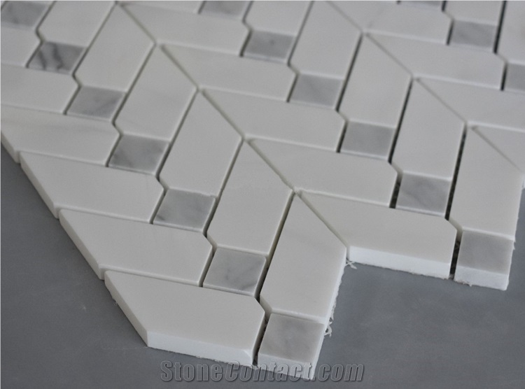 Carrara White Mixed Color Chevron Stone Mosaic Tiles for Floor and Wall , Bianco Carrara White Mosaic, Italy Grey Brick Mosaic,Bardiglio Grey