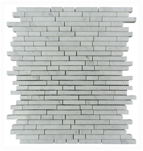 Carrara White Strip Marble Mosaic Wall Tile Price,Carrara (Carrera) Bianco Random Strip Honed Marble Mosaic Tile , Calacatta Gold Bullets Mosaic,White Marble Mix Brick Mosaic ,China White Marble Mosai