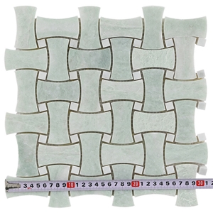 China Ming Green Marble Dogbone Basketweave Mosaic Tiles, Dandong Green and Thassos White Dogbone Basketweave Mosaic