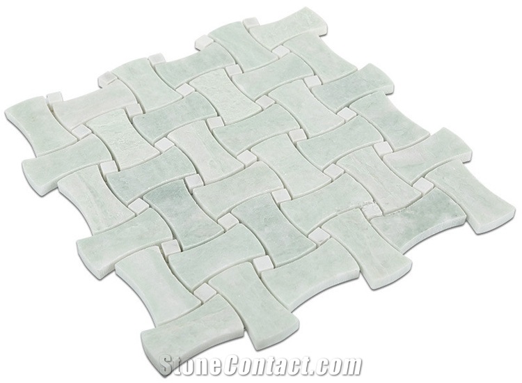 China Ming Green Marble Dogbone Basketweave Mosaic Tiles, Dandong Green and Thassos White Dogbone Basketweave Mosaic