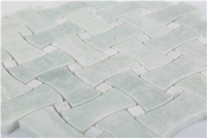 China Ming Green Marble Dogbone Basketweave Mosaic Tiles, Dandong Green and Thassos White Dogbone Basketweave Mosaic