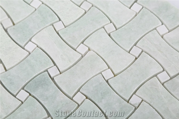 China Ming Green Marble Dogbone Basketweave Mosaic Tiles, Dandong Green and Thassos White Dogbone Basketweave Mosaic