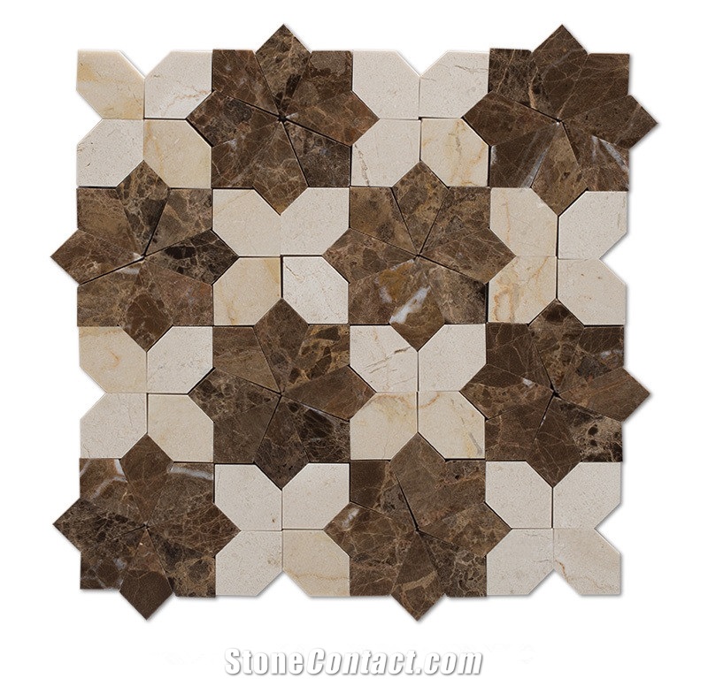 Crema Marfil and Emperador Dark Marble Mosaic Flower Pattern, New Design Marron Dark and Crema Marfil Mosaic Tile