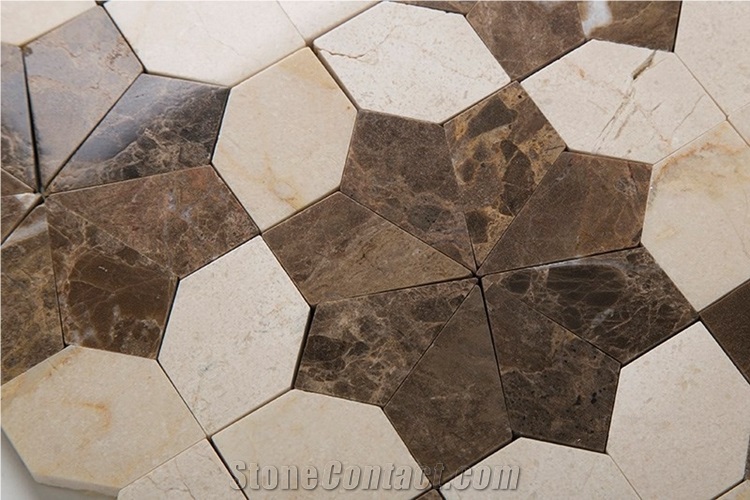 Crema Marfil and Emperador Dark Marble Mosaic Flower Pattern, New Design Marron Dark and Crema Marfil Mosaic Tile