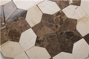 Crema Marfil and Emperador Dark Marble Mosaic Flower Pattern, New Design Marron Dark and Crema Marfil Mosaic Tile
