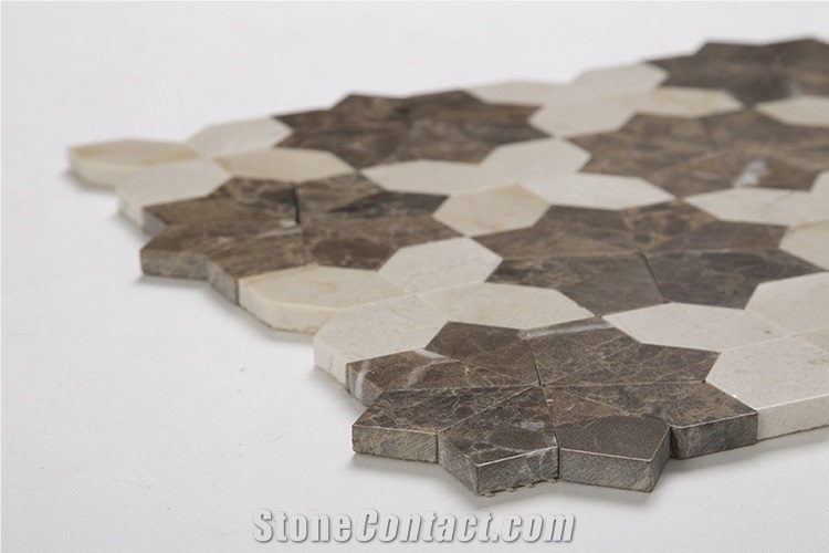Crema Marfil and Emperador Dark Marble Mosaic Flower Pattern, New Design Marron Dark and Crema Marfil Mosaic Tile