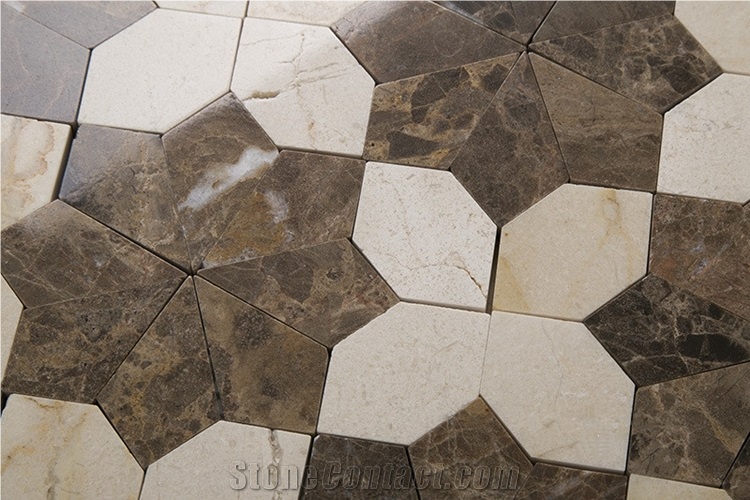 Crema Marfil and Emperador Dark Marble Mosaic Flower Pattern, New Design Marron Dark and Crema Marfil Mosaic Tile