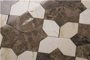 Crema Marfil and Emperador Dark Marble Mosaic Flower Pattern, New Design Marron Dark and Crema Marfil Mosaic Tile