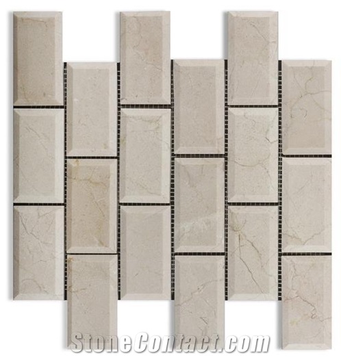 Crema Marfil Beveled Subway Tile,Spanish Crema Marfil Brick Mosaic Tile, Cream Marble Mosaic, Marble Subway Wall Mosaic Tile ,Crema Marfil Beveled Pillowed Mesh-Mosaic Marble Tile