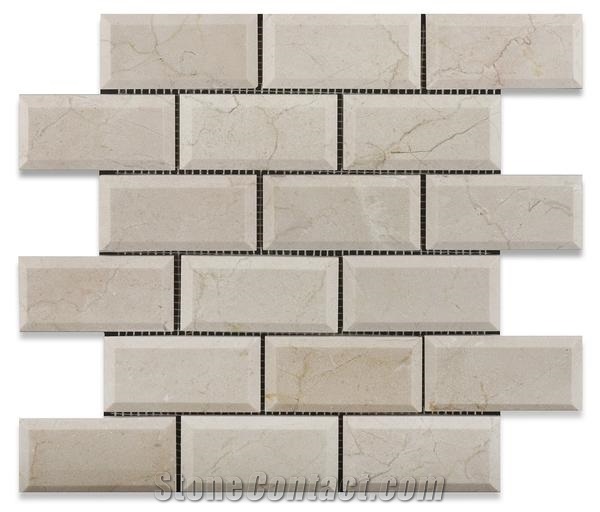 Crema Marfil Beveled Subway Tile,Spanish Crema Marfil Brick Mosaic Tile, Cream Marble Mosaic, Marble Subway Wall Mosaic Tile ,Crema Marfil Beveled Pillowed Mesh-Mosaic Marble Tile