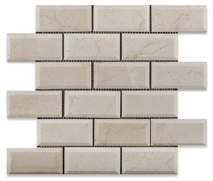 Crema Marfil Beveled Subway Tile,Spanish Crema Marfil Brick Mosaic Tile, Cream Marble Mosaic, Marble Subway Wall Mosaic Tile ,Crema Marfil Beveled Pillowed Mesh-Mosaic Marble Tile