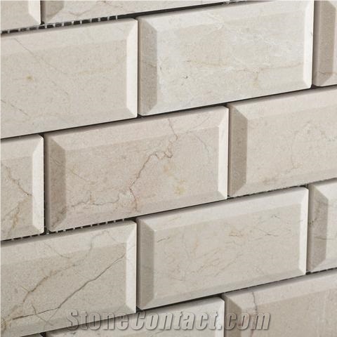 Crema Marfil Beveled Subway Tile,Spanish Crema Marfil Brick Mosaic Tile, Cream Marble Mosaic, Marble Subway Wall Mosaic Tile ,Crema Marfil Beveled Pillowed Mesh-Mosaic Marble Tile