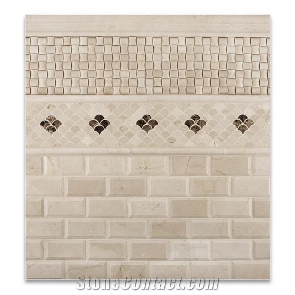 Crema Marfil Beveled Subway Tile,Spanish Crema Marfil Brick Mosaic Tile, Cream Marble Mosaic, Marble Subway Wall Mosaic Tile ,Crema Marfil Beveled Pillowed Mesh-Mosaic Marble Tile