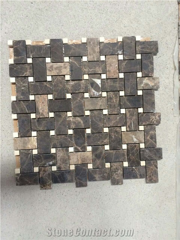 Dark Emperador Basketweave with Crema Marfil Dot Honed Mosaic at Special Price in Limited Quantity