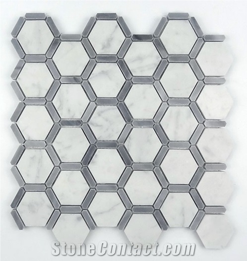 Italy Bianco Carrara White Marble Stone Hexagonal Mosaic Tile,Bardiglio Grey Carrara White Hexagon Mosaic , Italy Grey and White Marble