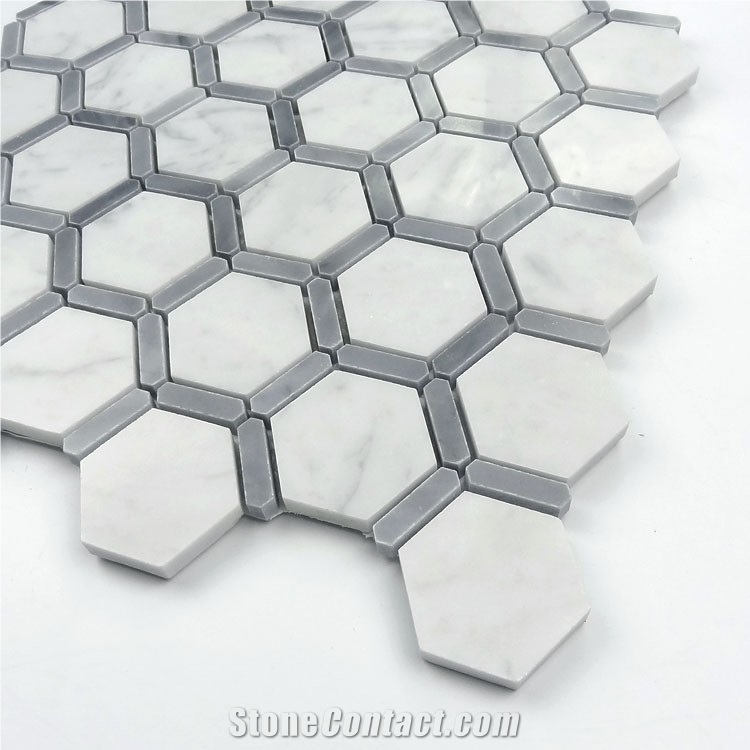 Italy Bianco Carrara White Marble Stone Hexagonal Mosaic Tile,Bardiglio Grey Carrara White Hexagon Mosaic , Italy Grey and White Marble