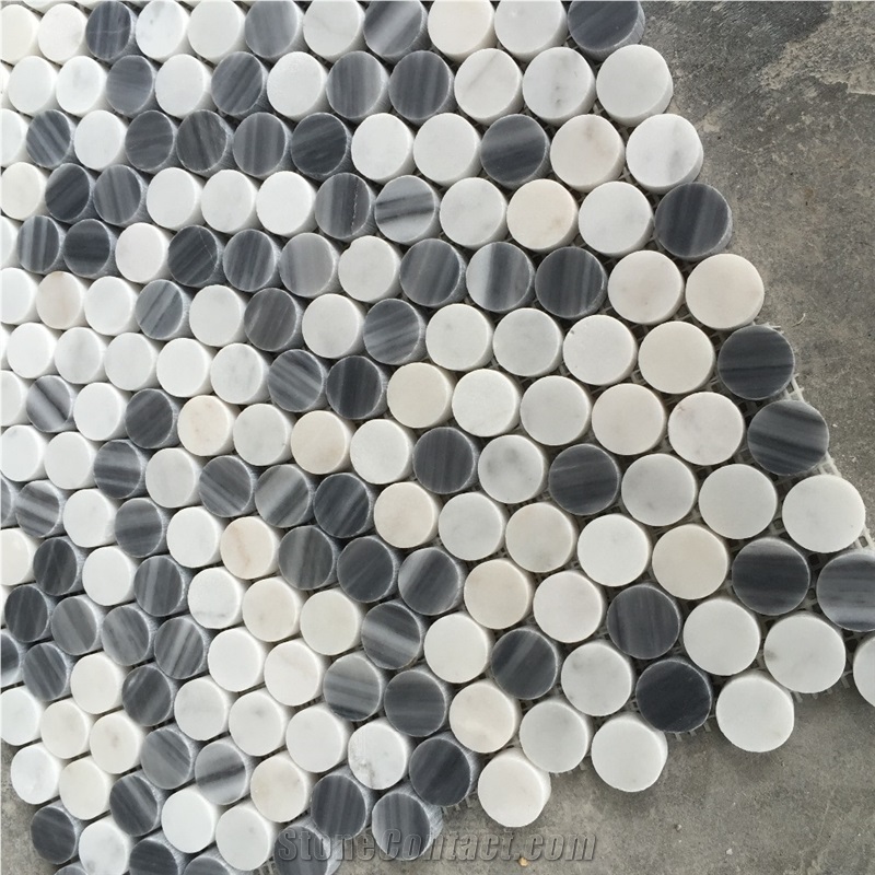 Italy Grey and White Penny Round Mosaic Tile, Bardiglio Grey and Carrara White Penny Round Mosaic, Bianco Carrara