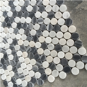 Italy Grey and White Penny Round Mosaic Tile, Bardiglio Grey and Carrara White Penny Round Mosaic, Bianco Carrara