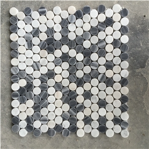 Italy Grey and White Penny Round Mosaic Tile, Bardiglio Grey and Carrara White Penny Round Mosaic, Bianco Carrara