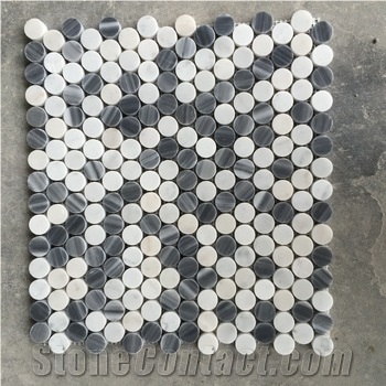 Italy Grey and White Penny Round Mosaic Tile, Bardiglio Grey and Carrara White Penny Round Mosaic, Bianco Carrara