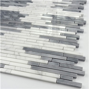 Polished Grey and White Random Strip Marble Mosaics,Bianco Carrara and Bardiglio Grey Linear Strips Mosaic, Italy Grey Brick Mosaic Tile,Carrara Mosaic,Oriental White Liner Strip