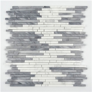 Polished Grey and White Random Strip Marble Mosaics,Bianco Carrara and Bardiglio Grey Linear Strips Mosaic, Italy Grey Brick Mosaic Tile,Carrara Mosaic,Oriental White Liner Strip