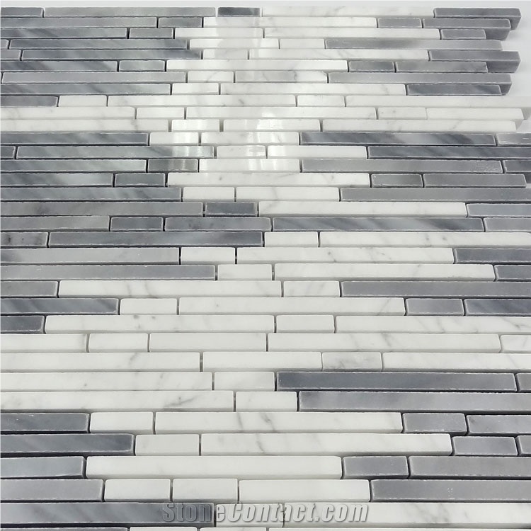 Polished Grey and White Random Strip Marble Mosaics,Bianco Carrara and Bardiglio Grey Linear Strips Mosaic, Italy Grey Brick Mosaic Tile,Carrara Mosaic,Oriental White Liner Strip