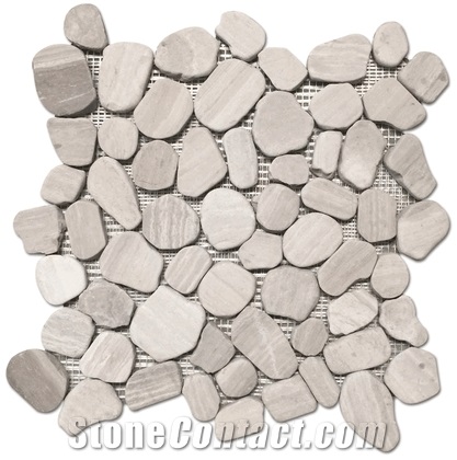 Silver Cream White Oak Pebbles Flat Sliced Finish Mesh Mosaic,White Oak, White Wood Vein, Athen Grey Marble, Grey Wood Vein Marble