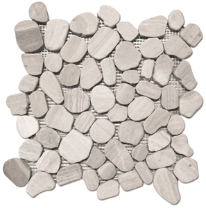 Silver Cream White Oak Pebbles Flat Sliced Finish Mesh Mosaic,White Oak, White Wood Vein, Athen Grey Marble, Grey Wood Vein Marble