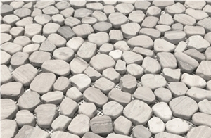 Silver Cream White Oak Pebbles Flat Sliced Finish Mesh Mosaic,White Oak, White Wood Vein, Athen Grey Marble, Grey Wood Vein Marble