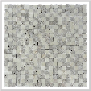 Small Square Fan Marble Mix Color Travertine Mix Stone Mosaic Tile, Crema Marfil +Travertine Splitface Small Brick Marble Mosaic Tile