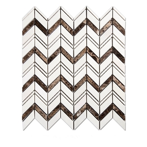 Thassos White Marble Mixed Dark Emperador Chevron Mosaic Bathroom Floor Tiles, White Marble and Marron Dark Chevron Mosaic Tile