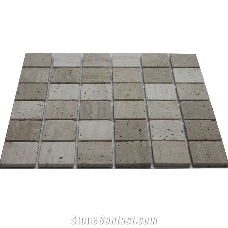 Travertine Mosaic Tiles for Swimming Pool, Beige Travertine Machine Cut Mosaic Tile