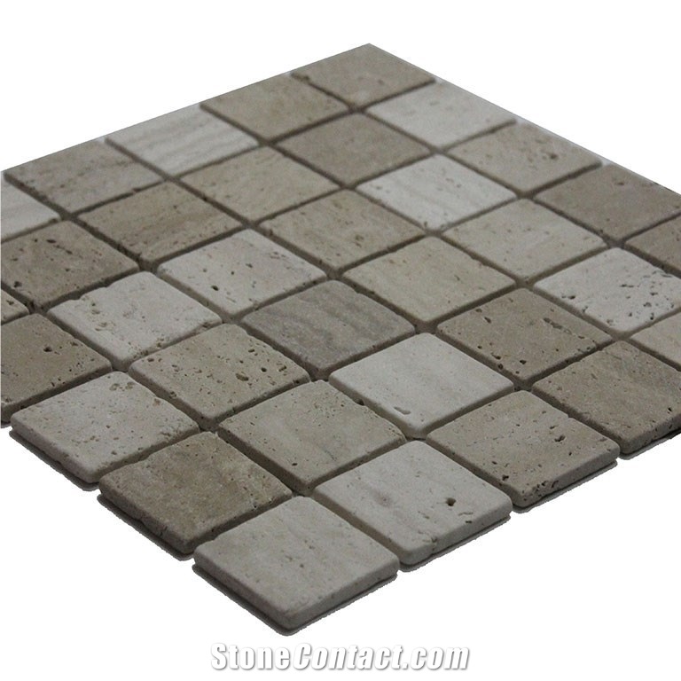Travertine Mosaic Tiles for Swimming Pool, Beige Travertine Machine Cut Mosaic Tile