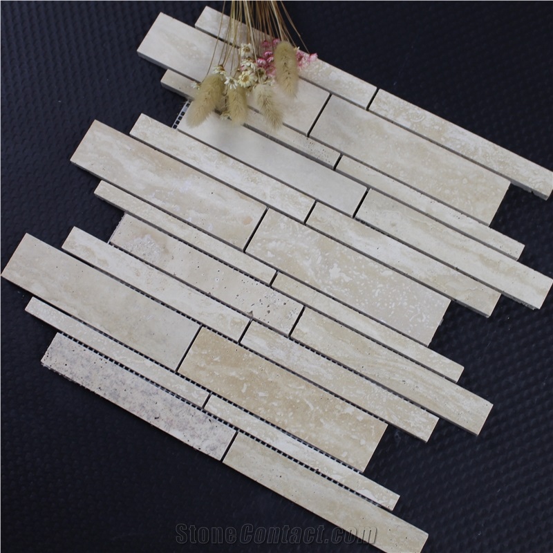 Travertine Random Strip Marble Mosaic Tile, Light Travertine Linear Strips Stone Mosaic, Light Travertine Mix Brick Mosaictile ,Beige Travertine