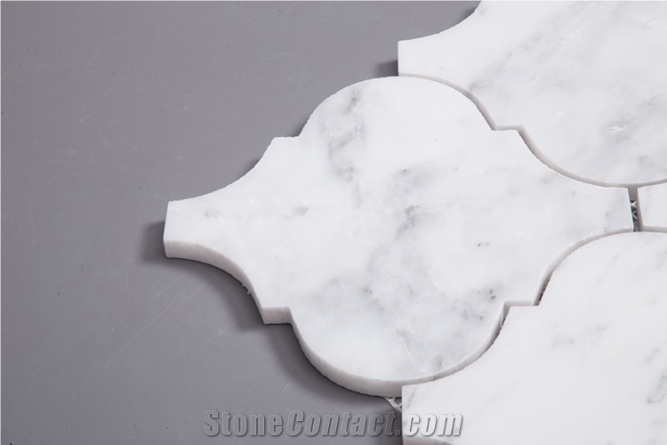 Waterjet Arabesque Design Carrara White Marble Backsplash Mosaic , Carrara White Lantern Shaped Mosaic Tile